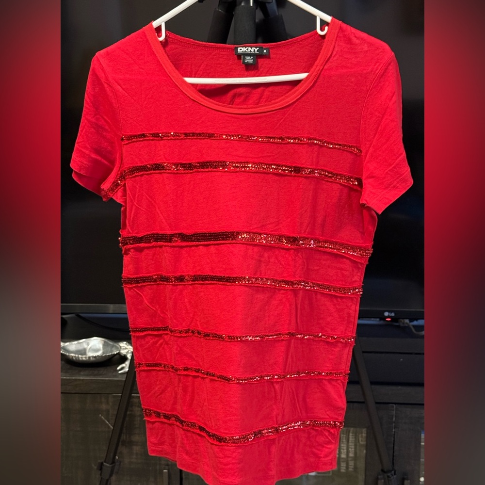 DKNY used women's crewneck top, embellished with sequins line at the front.